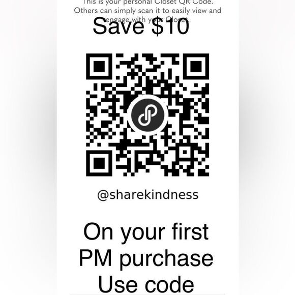 Save $10 off your first Poshmark purchase Use  @sharekindness or scan code - Picture 1 of 1